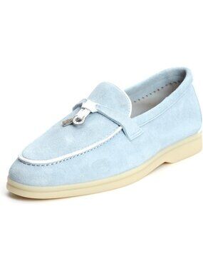 Women's Mist Blue/White Comfortable Suede Loafers Flat Slip-On Penny Dress Shoes
